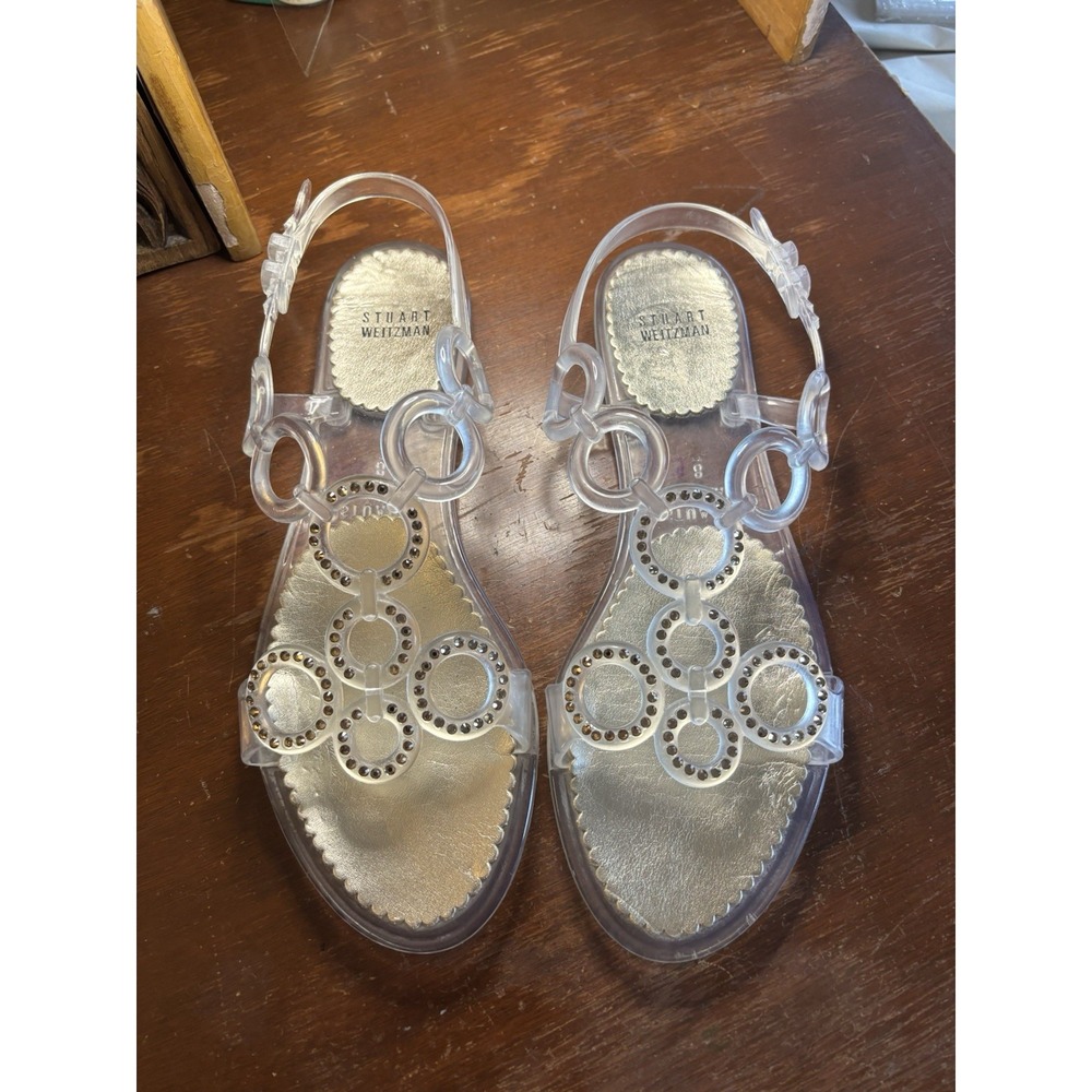 Stuart Weitzman Gold Rhinestone Studded Open Toe Jelly Sandal Size 8